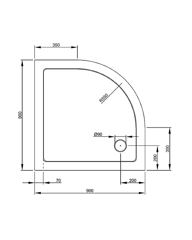 Viertelkreis-Dusche 90x90 mit 2 Türen & Duschwanne