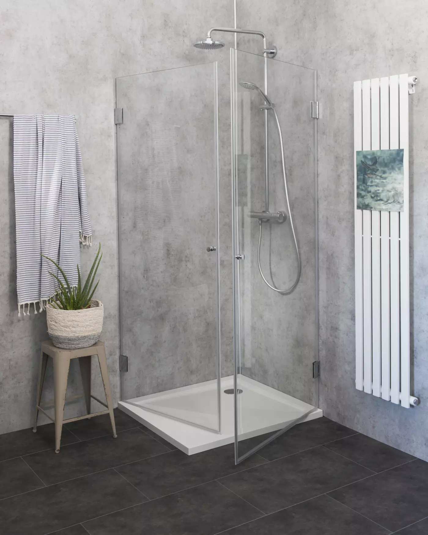 Eckdusche 100x100 mit 2 Türen an Wand H=173cm & Duschwanne