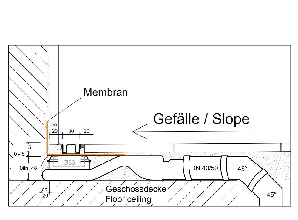 Duschrinne kürzbar, drehbarer Ablauf an der Seite, Länge 30-120 cm, Abdeckung Edelstahl poliert