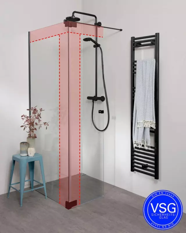Begehbare VSG Dusche: Duschwand mit Wandprofil & Klappteil über Eck nach Maß