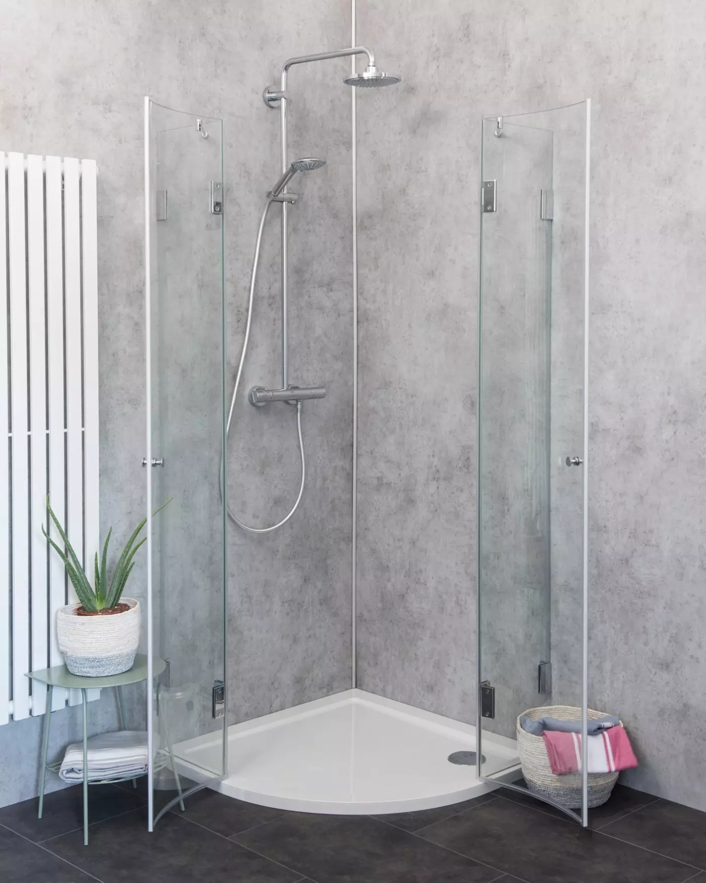 Viertelkreis-Dusche 100x100 mit 2 Türen & Duschwanne