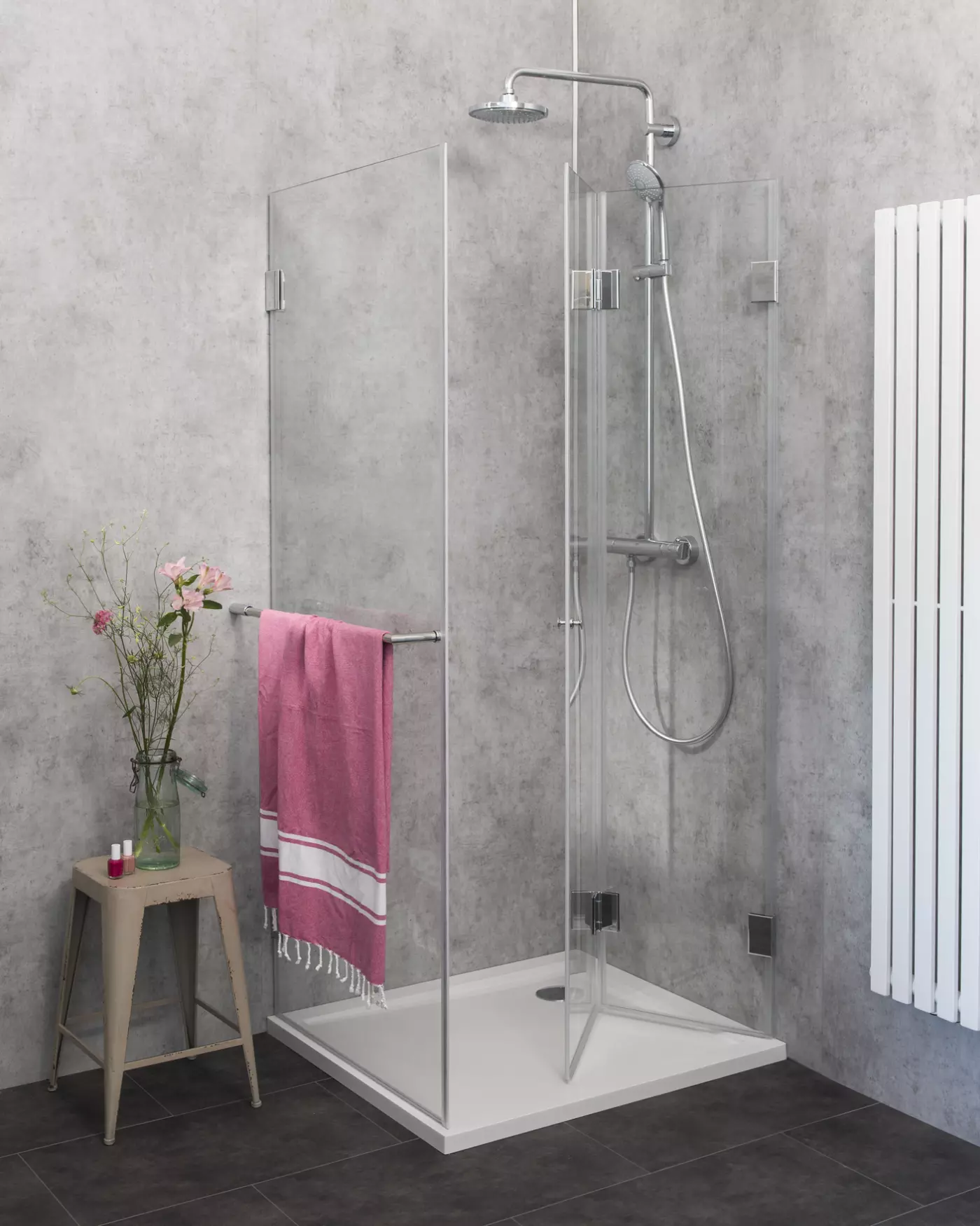 FK1W, Eck Falt-Duschkabine, 2 Türen, Glas klar, verchromt, H=173cm