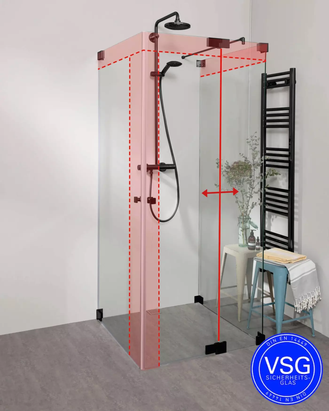 VSG Duschkabine U Form neben Badewanne mit 2 Pendeltüren & Festwand nach Maß