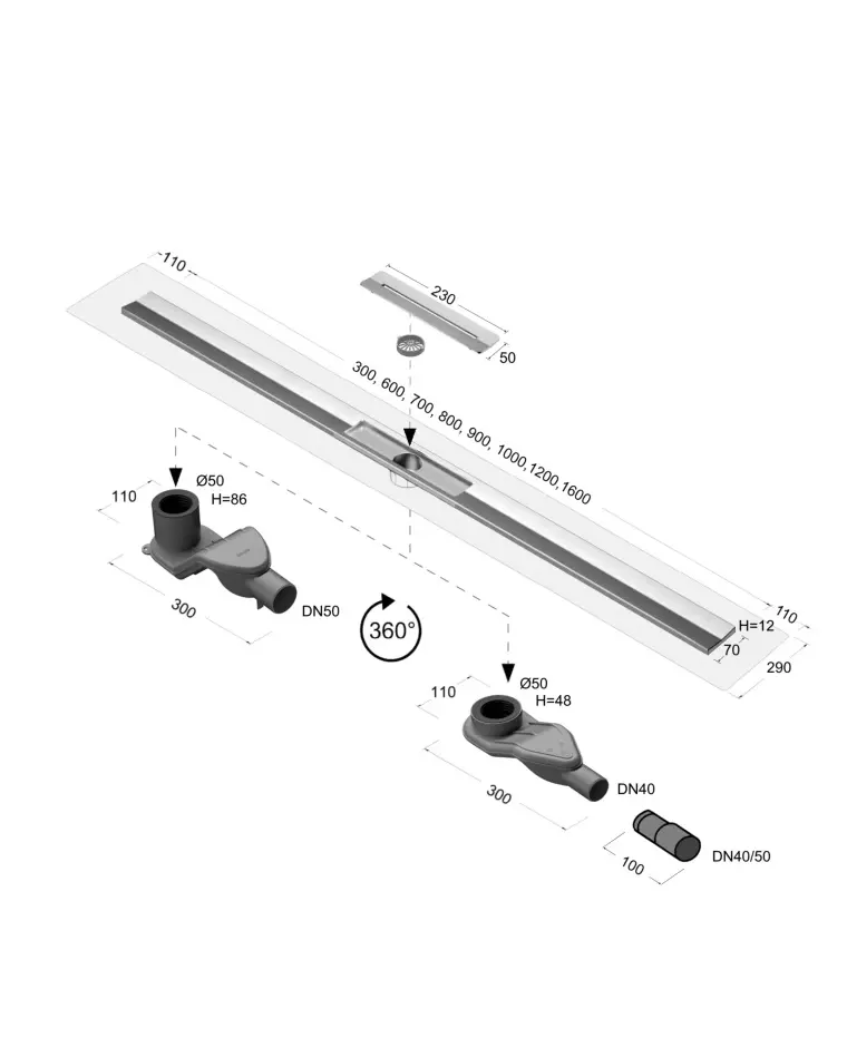 Duschprofil Duschrinne nach Maß Länge 40-120 cm, Mittenablauf, Edelstahl gebürstet