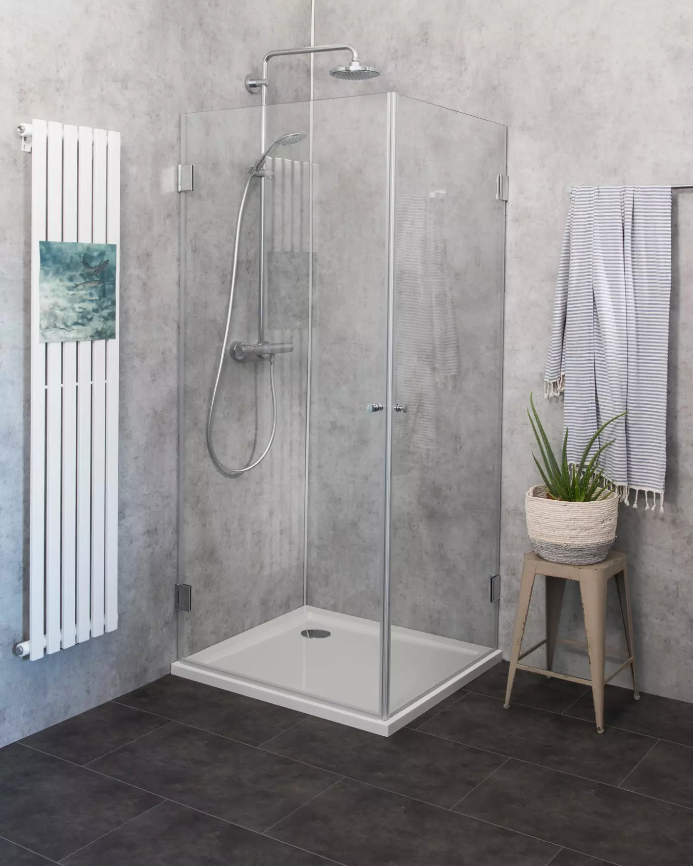 Eckdusche 100x100 mit 2 Türen an Wand H=173cm & Duschwanne