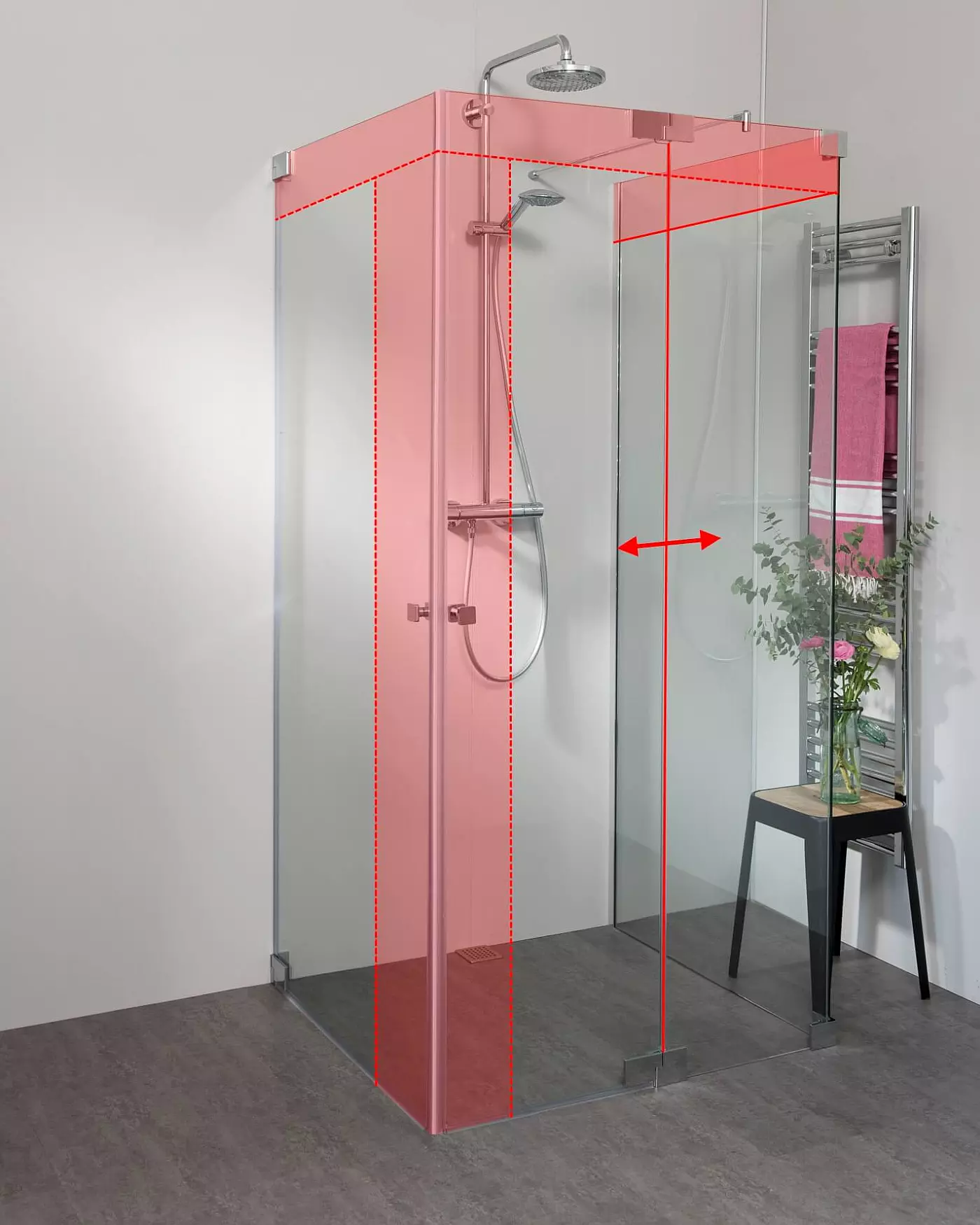 Duschkabine U Form neben Badewanne mit 2 Pendeltüren & Festwand nach Maß