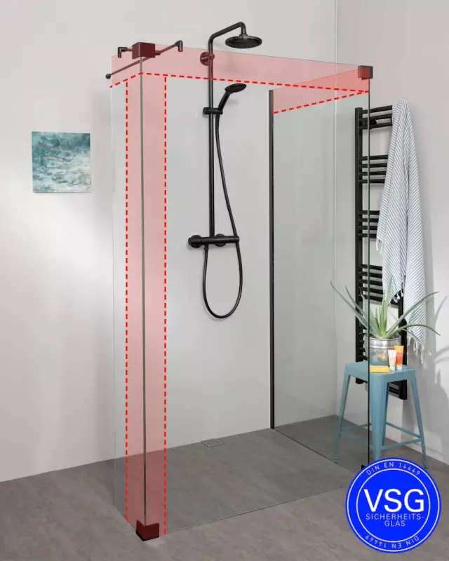 Begehbare Dusche: VSG Duschwand freistehend mit Seitenwand und Eckteil, Maßanfertigung