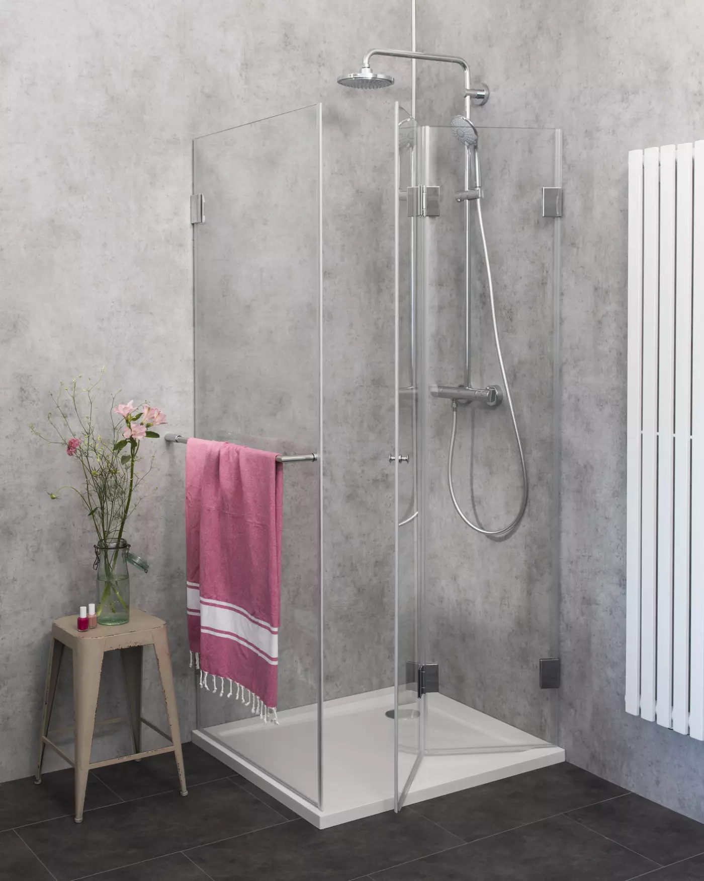 F1S, Eck Falt-Duschkabine + Festwand, Glas klar, verchromt, H=195cm
