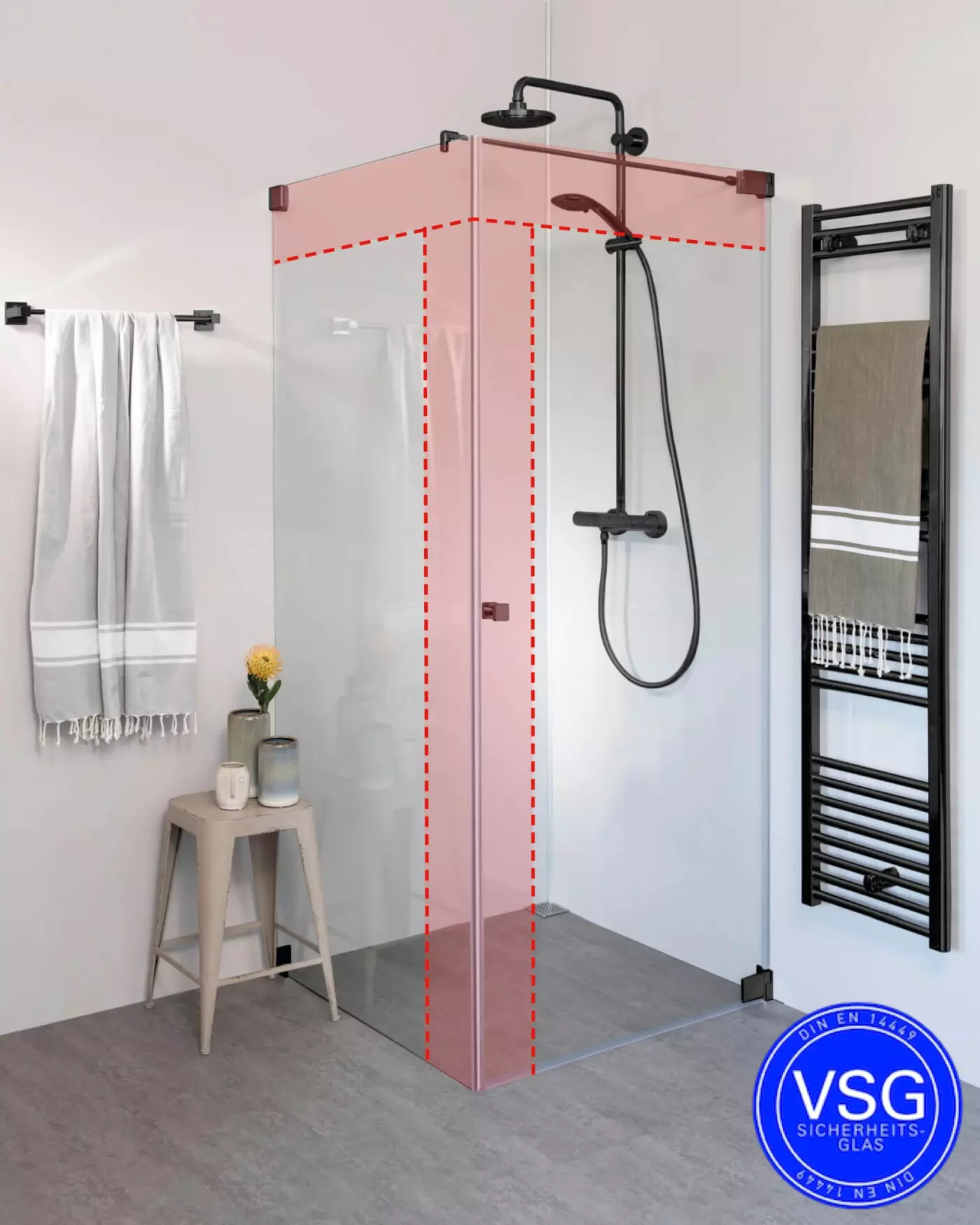 VSG Eck Duschkabine mit Pendeltür an Wand und Seitenwand nach Maß