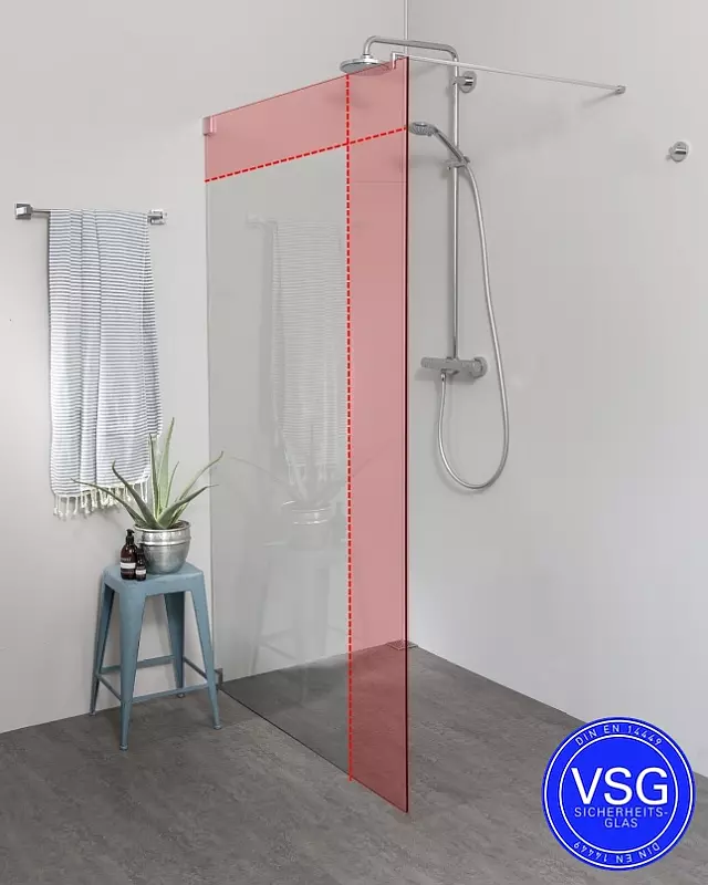 Begehbare VSG Dusche: Freistehende Duschwand Maßanfertigung