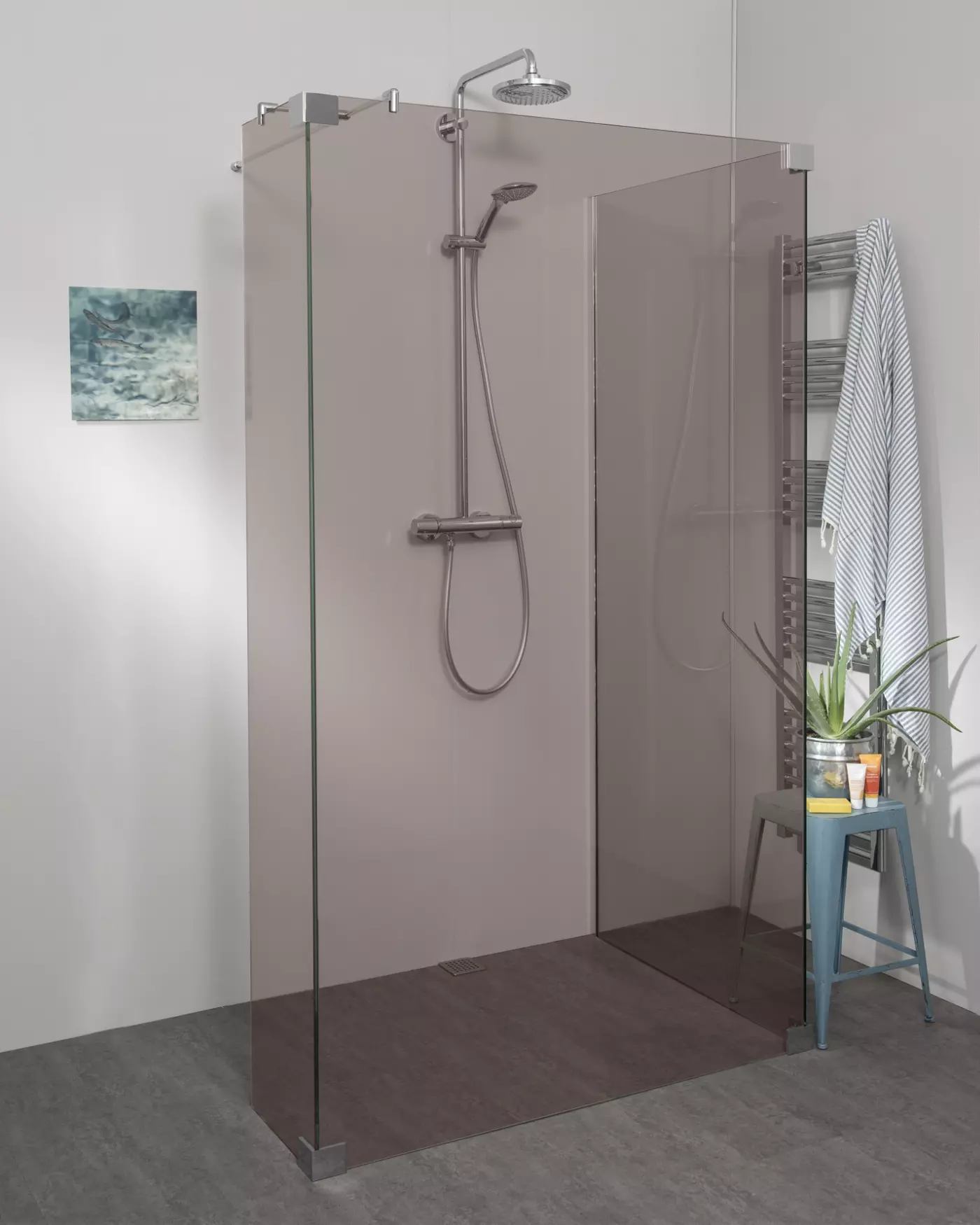 Begehbare Dusche zum Kleben mit Seitenwand und Eckteil, Maßanfertigung