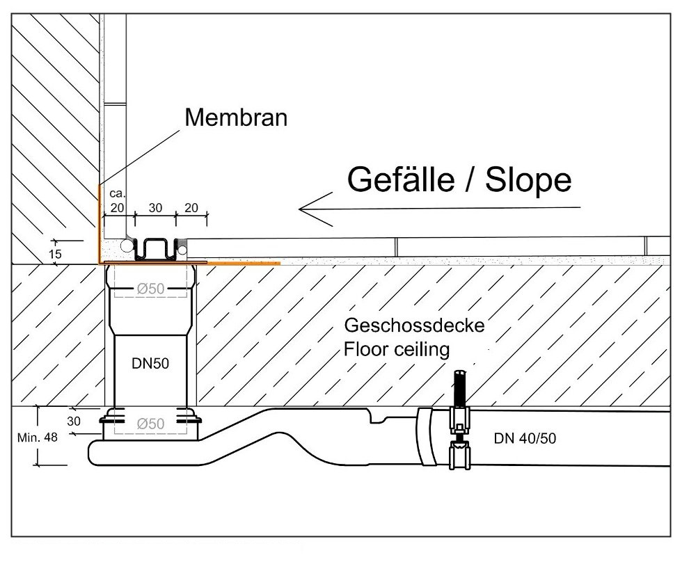 Duschrinne kürzbar, drehbarer Ablauf an der Seite, Länge 30-120 cm, Abdeckung Edelstahl poliert