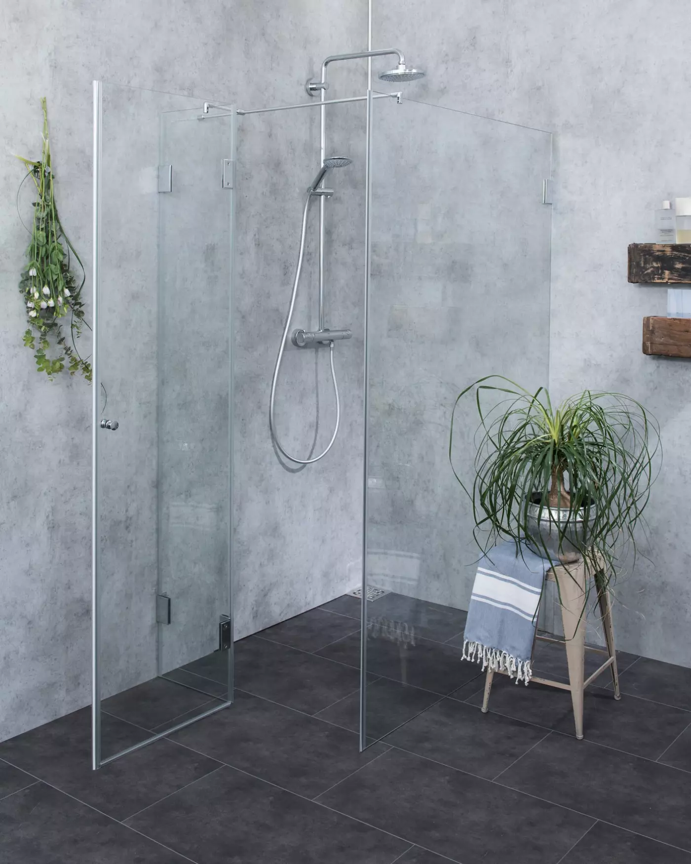 BXSX, Bündige Eck-Dusche + Festwand 120cm, Glas klar, verchromt, H=195cm