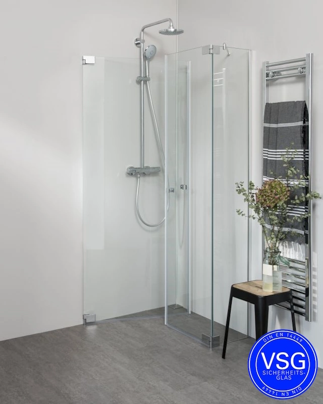 Teilgerahmte VSG Eckdusche mit Pendeltür an Wand & Pendeltür an Festteil nach Maß