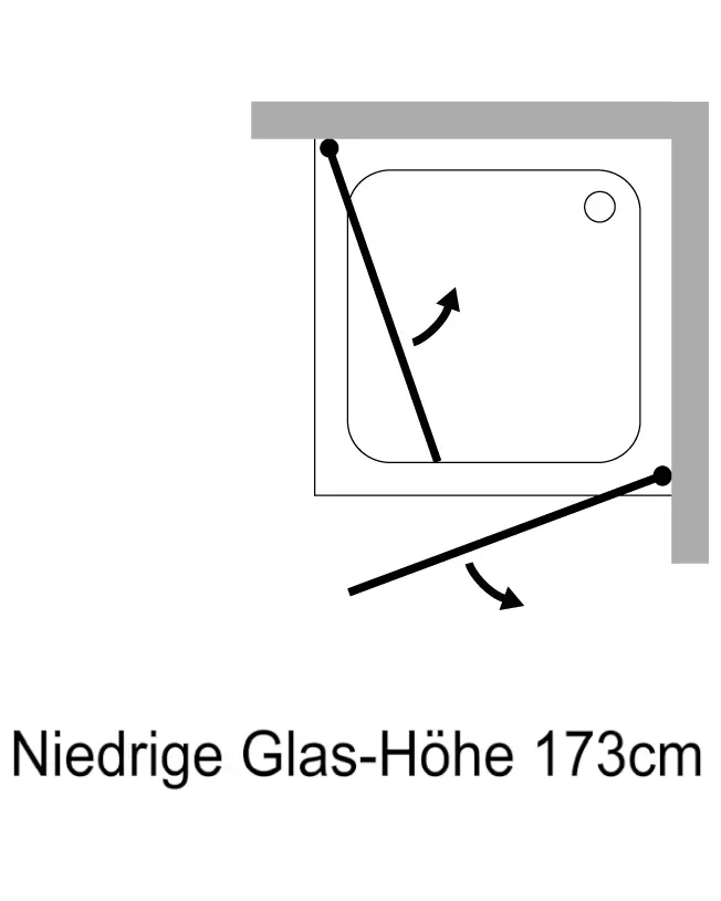 Eckdusche mit Innentür und voll öffnender Tür verkürzte Höhe 173cm