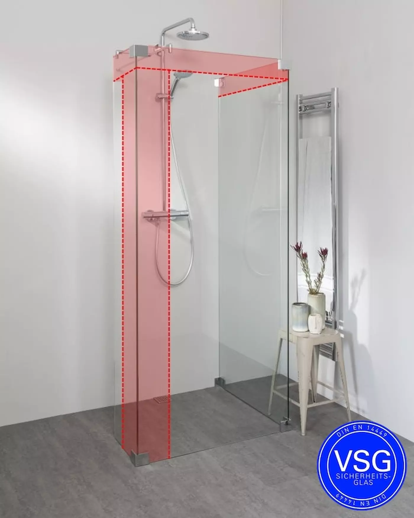 Begehbare Dusche: VSG Duschwand mit Seitenwand und Eckteil, Maßanfertigung