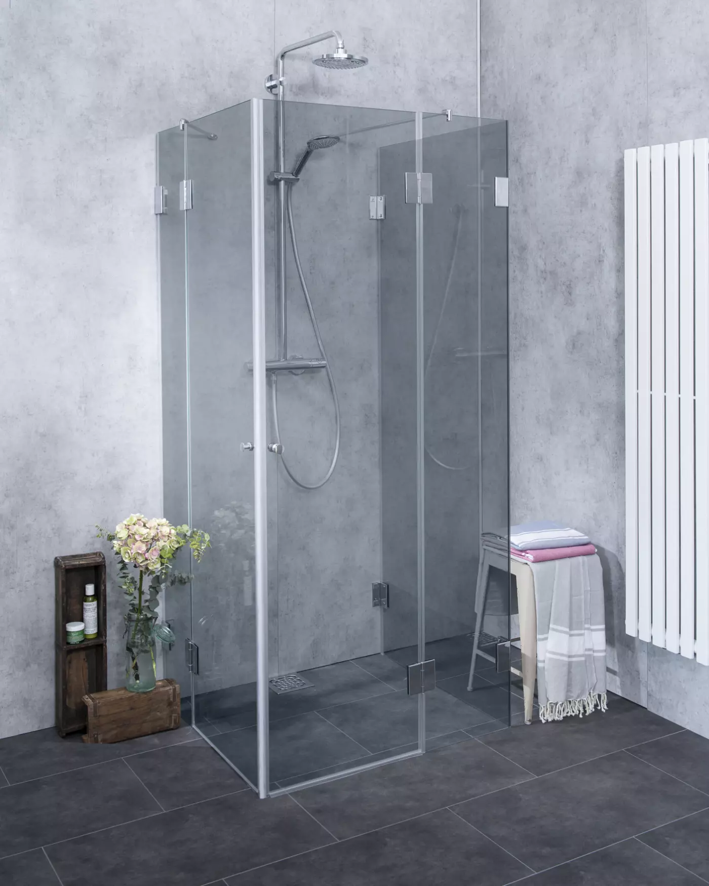 MU2E, U-Form Dusche nach Maß Eckeinstieg, Klarglas, Chrom