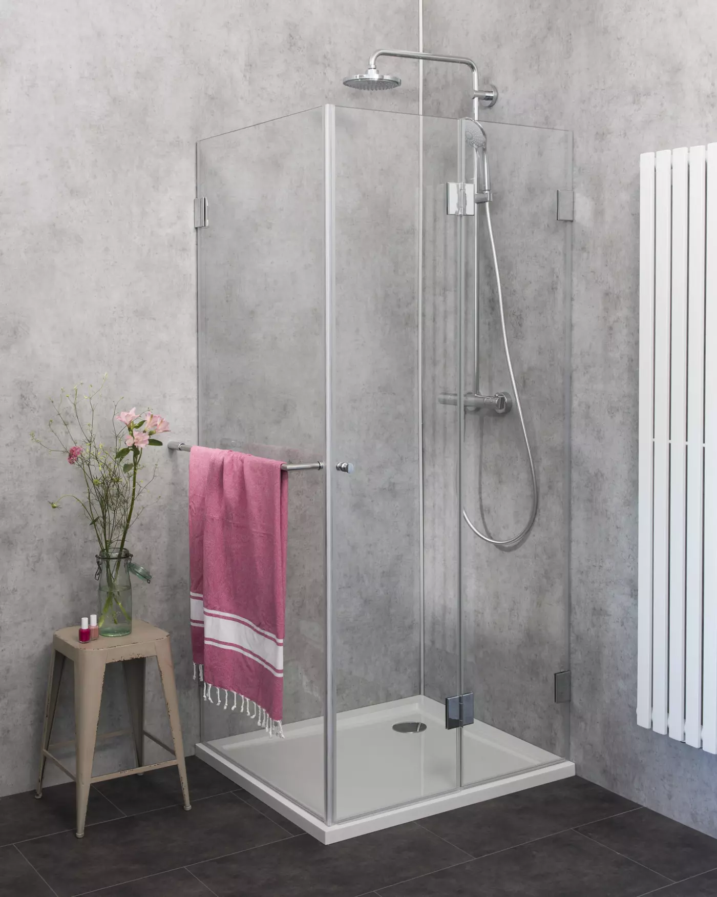 F1S, Eck Falt-Duschkabine + Festwand, Glas klar, verchromt, H=195cm
