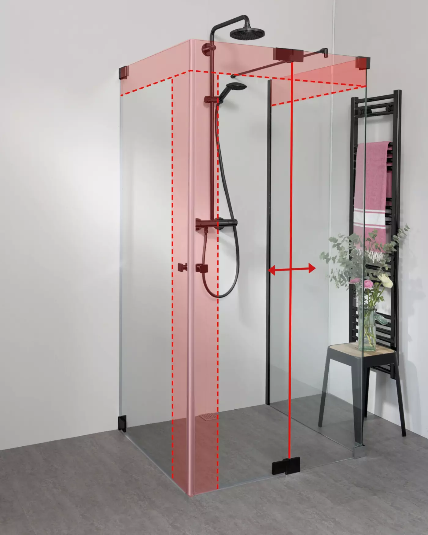 Duschkabine U Form neben Badewanne mit 2 Pendeltüren & Festwand nach Maß