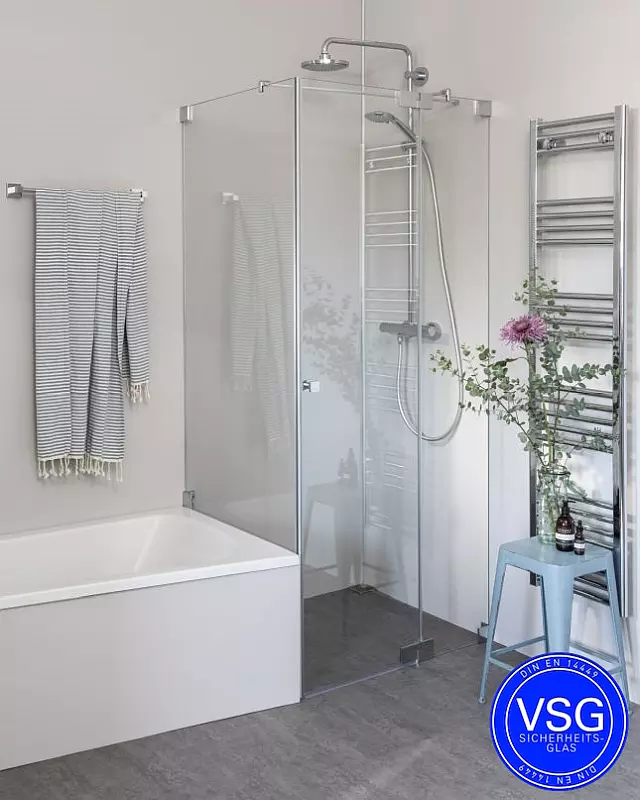 MV2K Eck Duschkabine neben Badewanne mit Festwand verkürzt und Pendeltür, Maßanfertigung