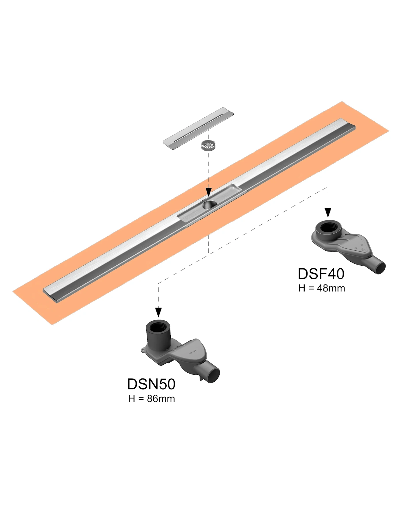 Duschprofil Duschrinne flach, drehbarer Mittenablauf, Länge 120 cm (auch kürzbar)