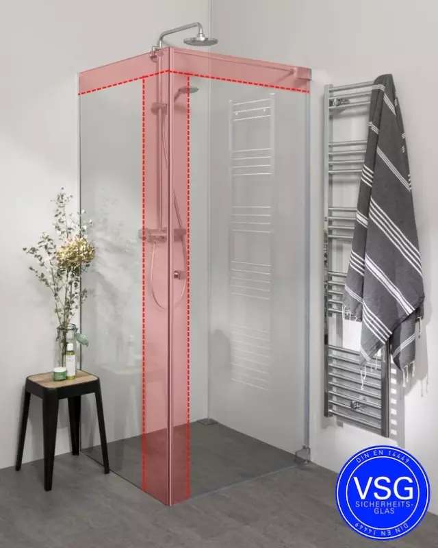 Teilgerahmte VSG Eckdusche nach Maß mit Pendeltür an Wand und Festwand
