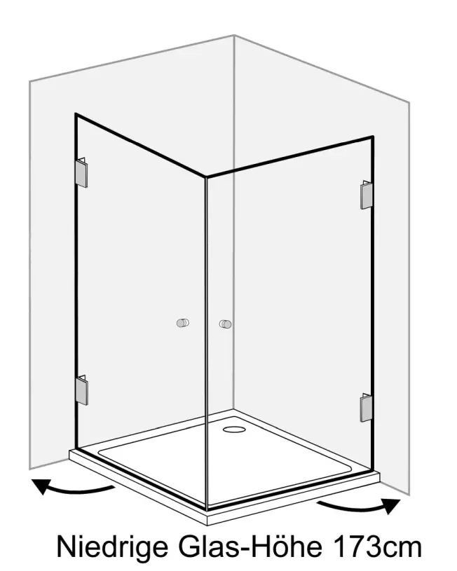 Eckdusche 100x100 mit 2 Türen an Wand H=173cm & Duschwanne