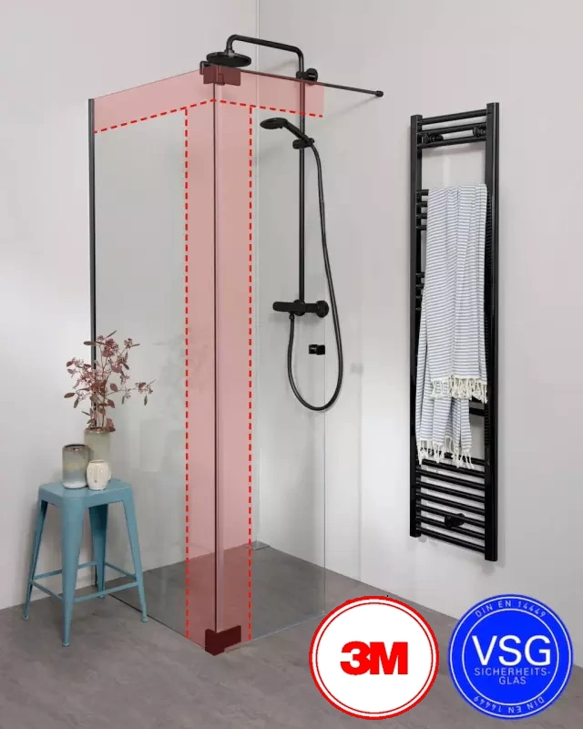 Begehbare VSG Dusche zum Kleben mit Wandprofil & Klappteil über Eck nach Maß