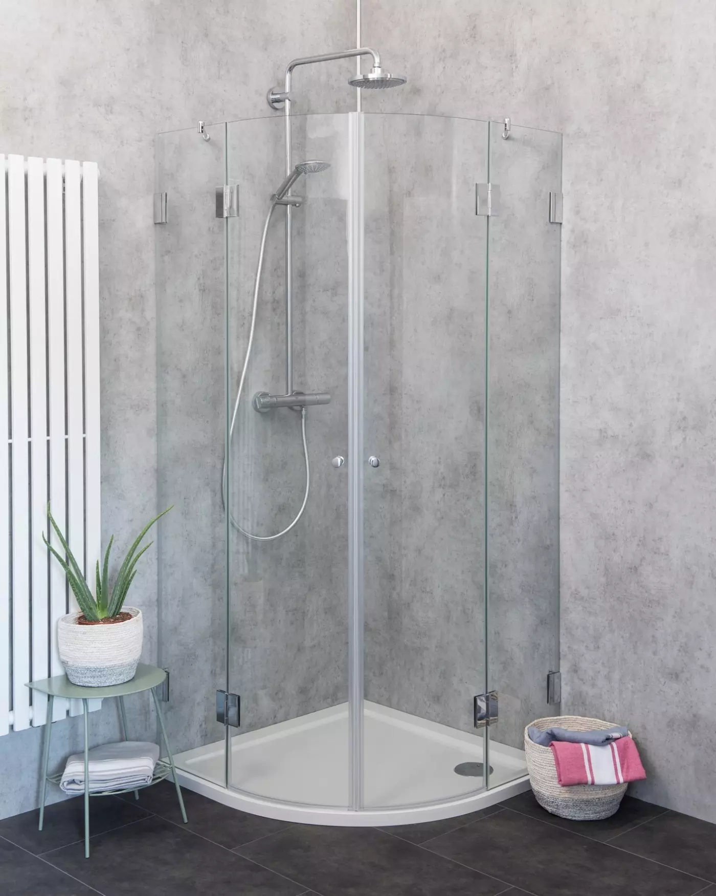 Viertelkreis-Dusche 90x90 mit 2 Türen & Duschwanne