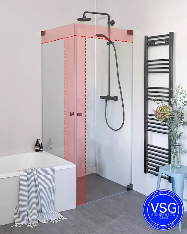 VSG Eck Duschkabine mit 2 Pendeltüren an Wand auf Maß