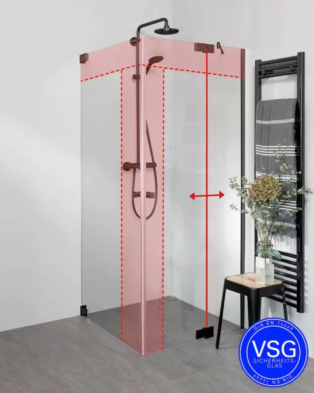 Teilgerahmte VSG Eckdusche mit Pendeltür an Wand & Pendeltür an Festteil nach Maß