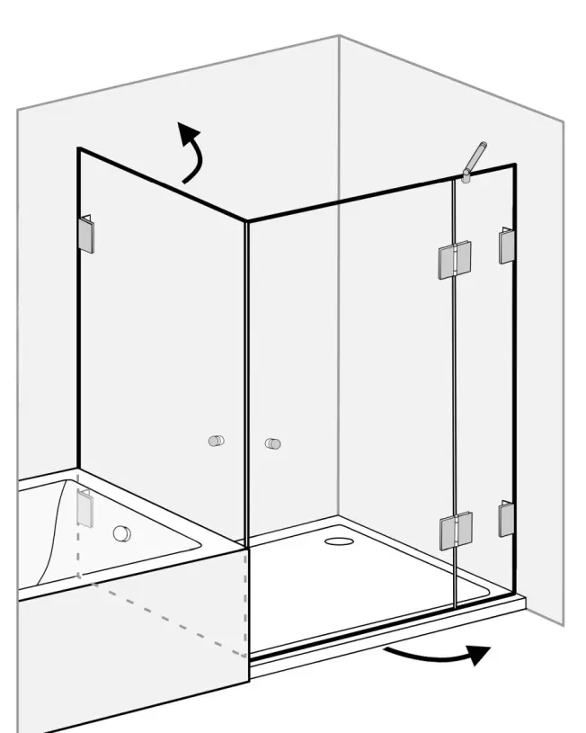 Große Eckdusche mit Innentür und Tür an Festteil