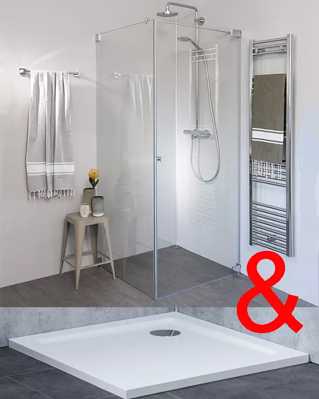 Eckdusche 100x90 mit Pendeltür voll öffnend und Festwand & Duschwanne