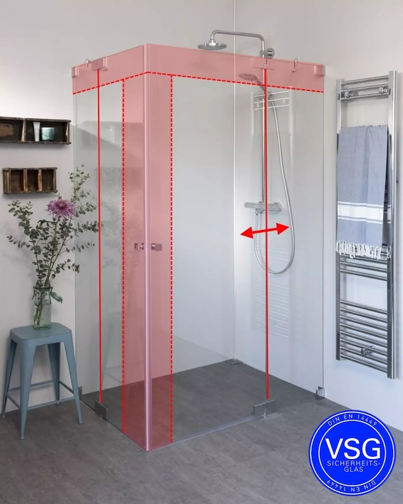 VSG Eck Duschkabine mit 2 Pendeltüren nach Maß