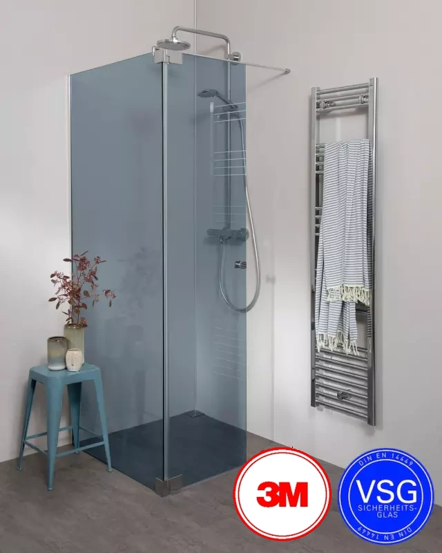 Begehbare VSG Dusche zum Kleben mit Wandprofil & Klappteil über Eck nach Maß