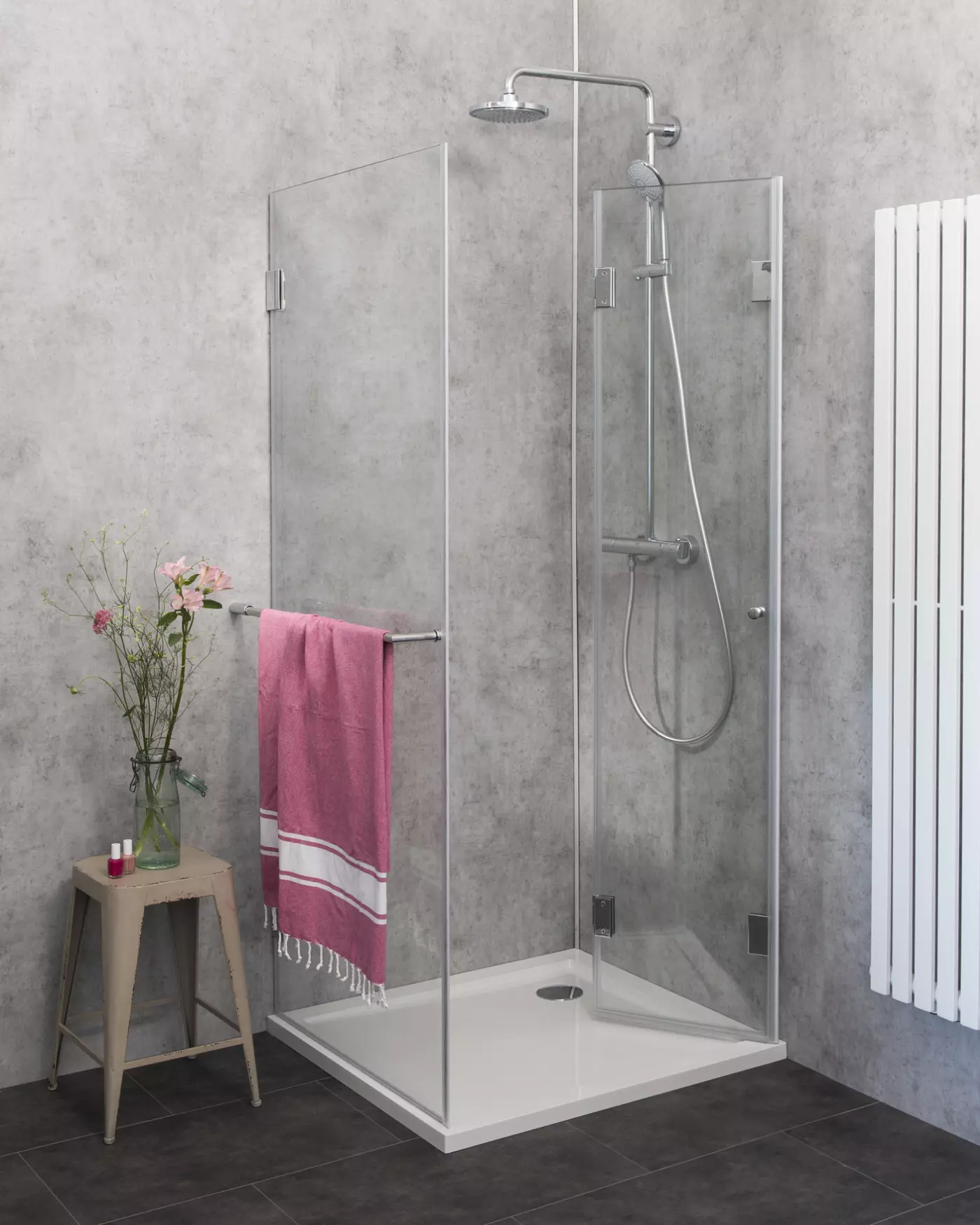 F1S, Eck Falt-Duschkabine + Festwand, Glas klar, verchromt, H=195cm