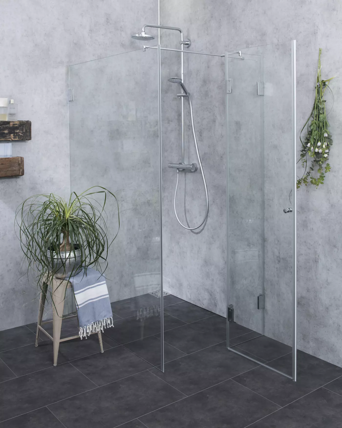 BXSX, Bündige Eck-Dusche + Festwand 120cm, Glas klar, verchromt, H=195cm