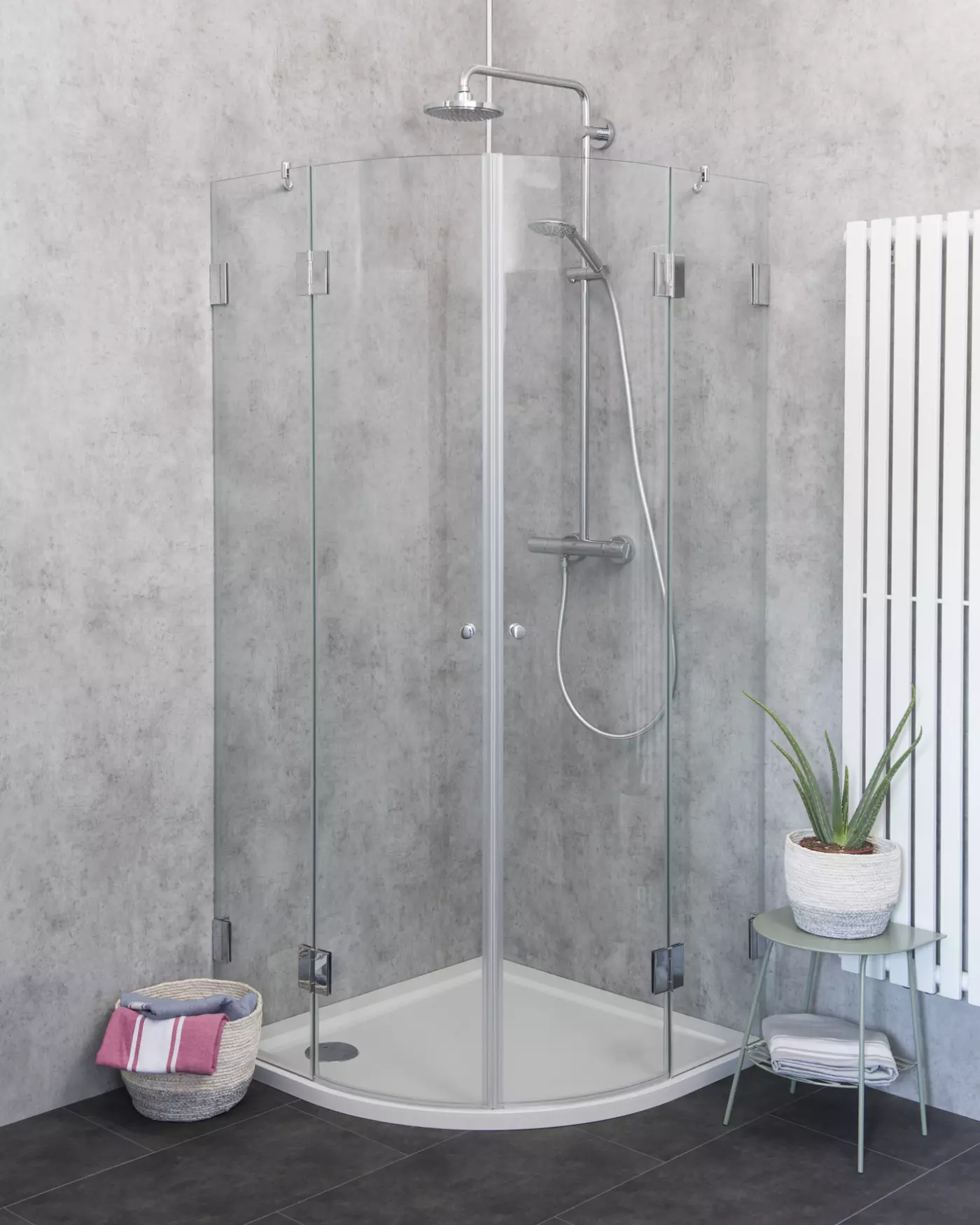 Viertelkreis-Dusche 100x100 mit 2 Türen & Duschwanne
