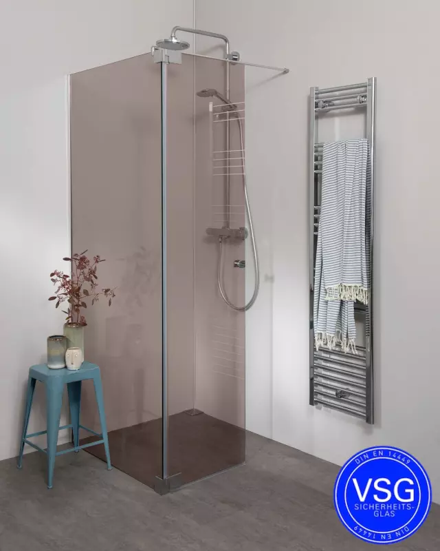 Begehbare VSG Dusche: Duschwand mit Wandprofil & Klappteil über Eck nach Maß