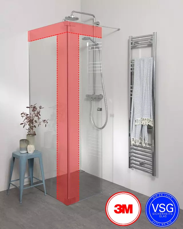 Begehbare VSG Dusche zum Kleben mit Wandprofil & Klappteil über Eck nach Maß