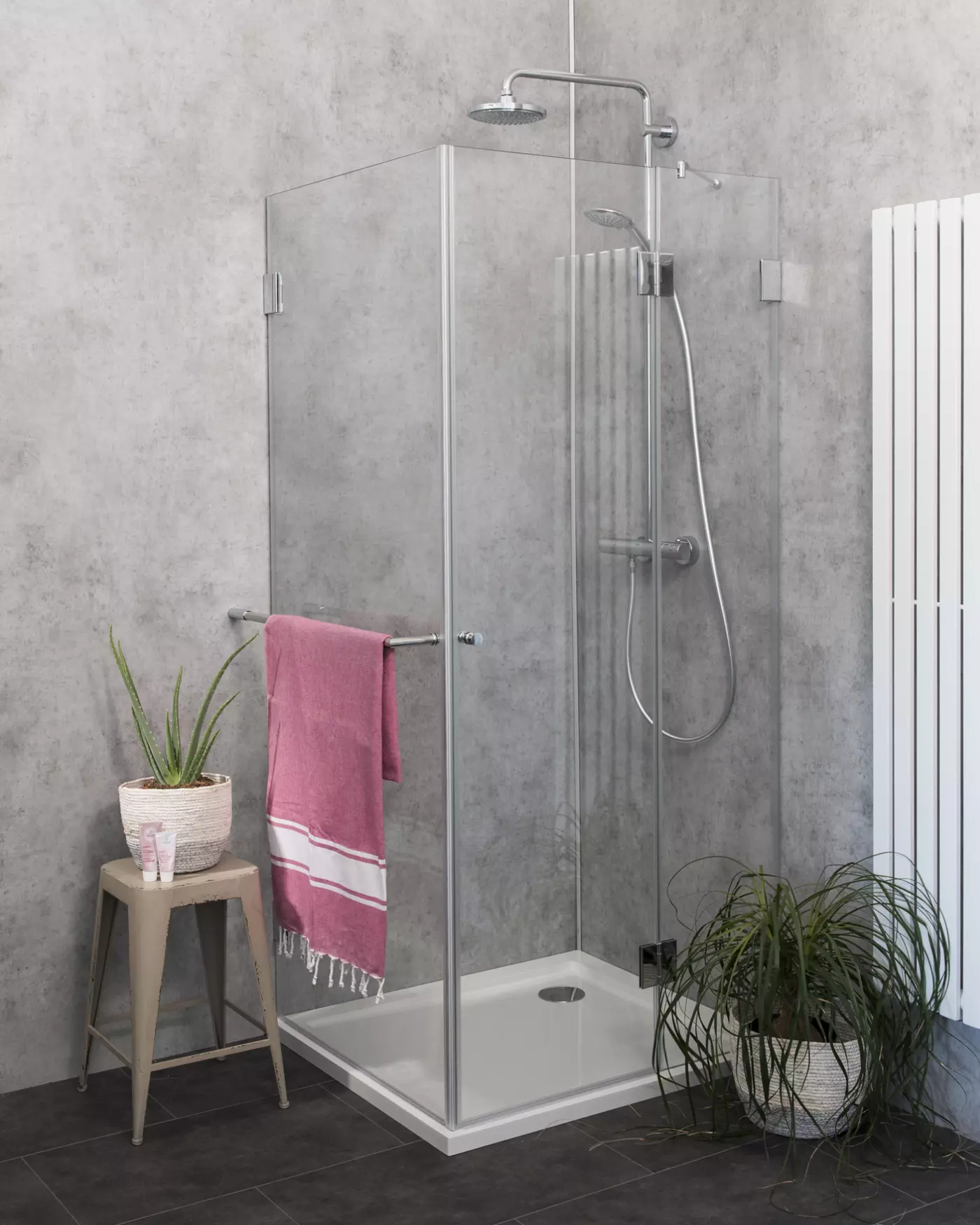 Eckdusche mit Festwand & Tür an Festteil