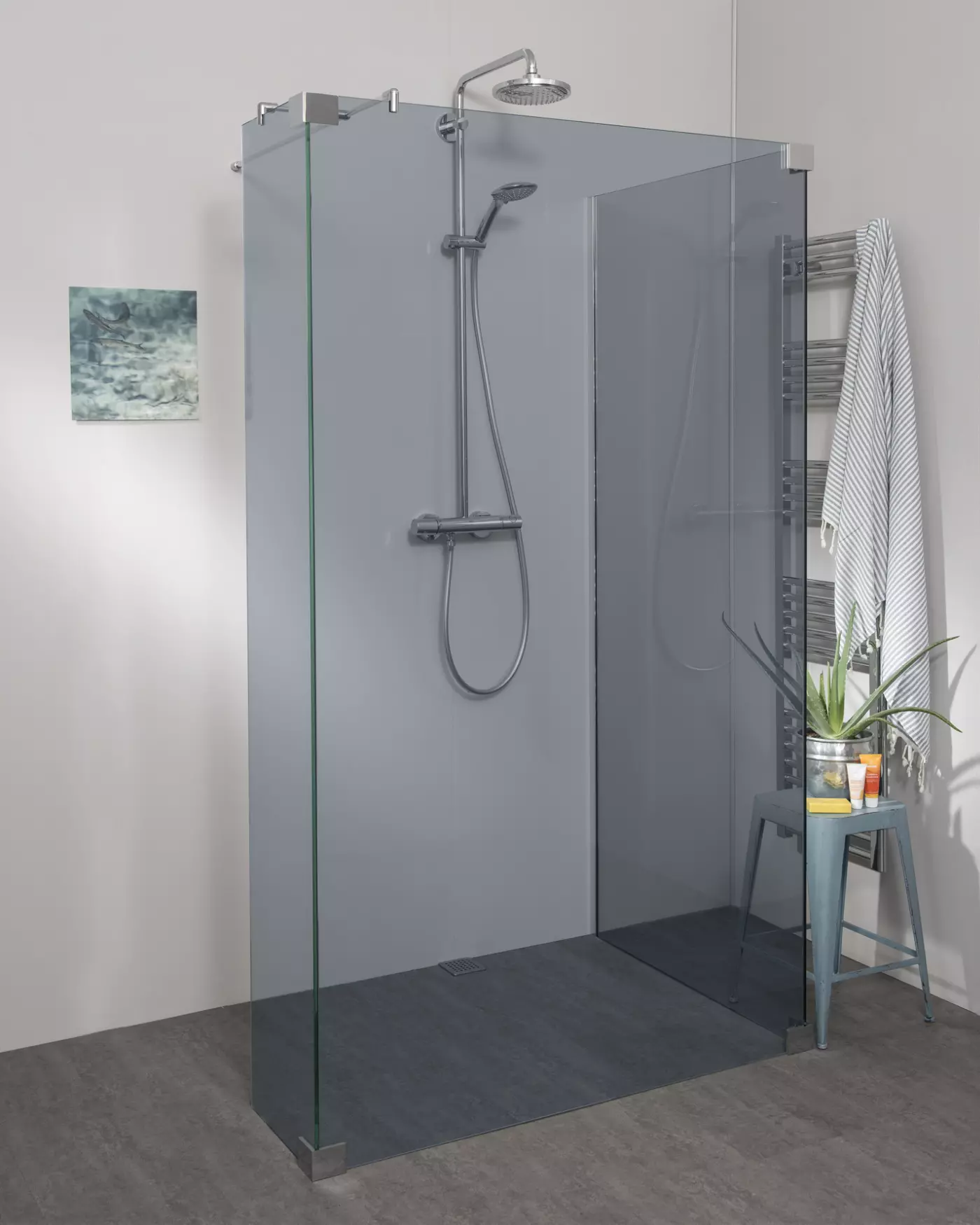 Begehbare Dusche zum Kleben mit Seitenwand und Eckteil, Maßanfertigung