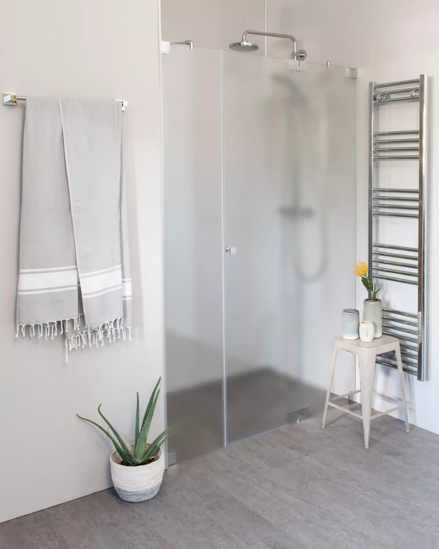 glass shower, shower door, towel rack, plants, bathroom stool