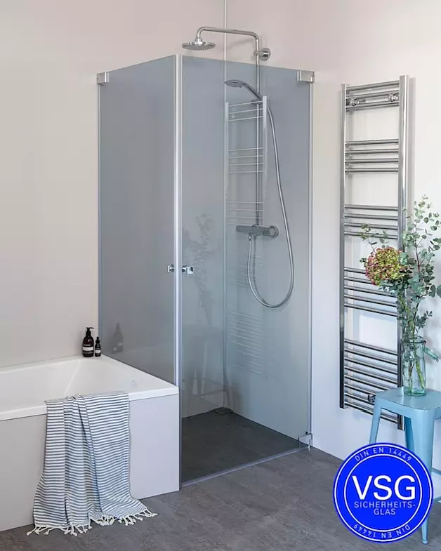 VSG Eck Duschkabine mit 2 Pendeltüren an Wand auf Maß