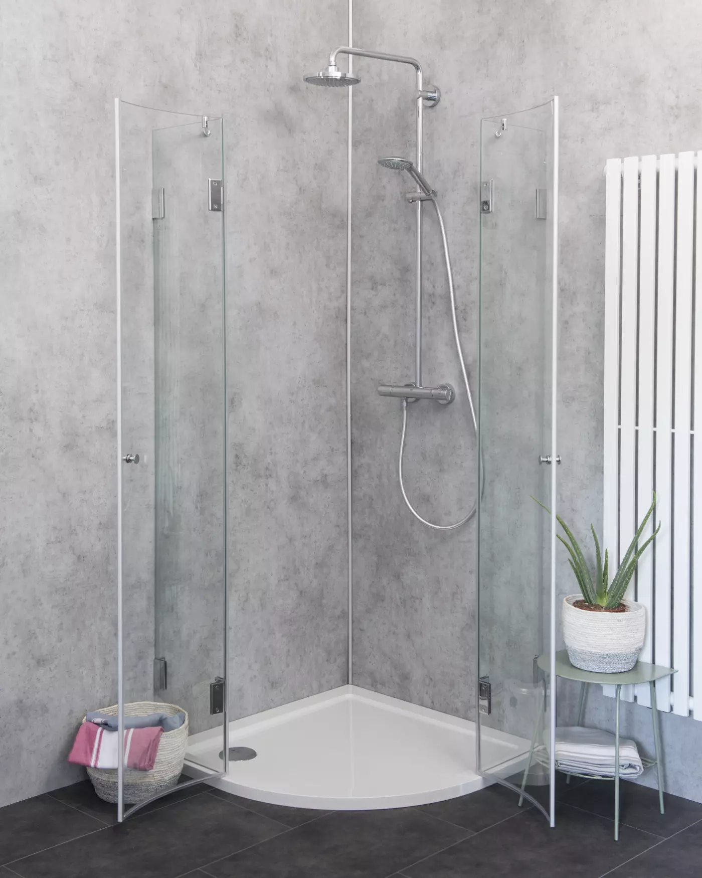 Viertelkreis-Dusche 100x100 mit 2 Türen & Duschwanne