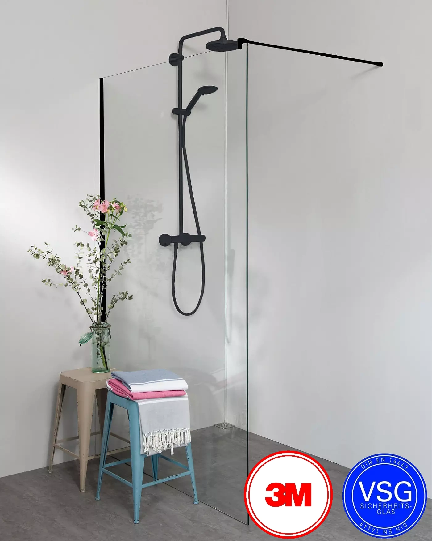 VSG Duschwand zum Kleben bis 120 cm Breite mit Wandprofil