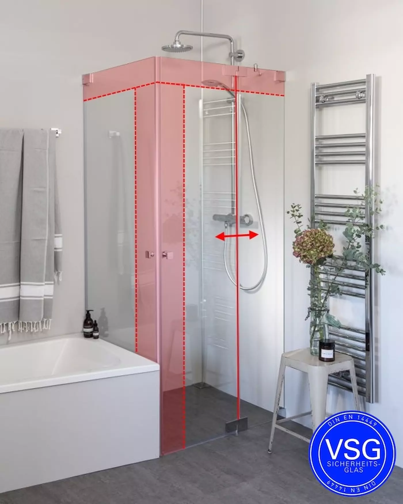 VSG Eck Duschkabine neben Badewanne mit 2 Pendeltüren nach Maß