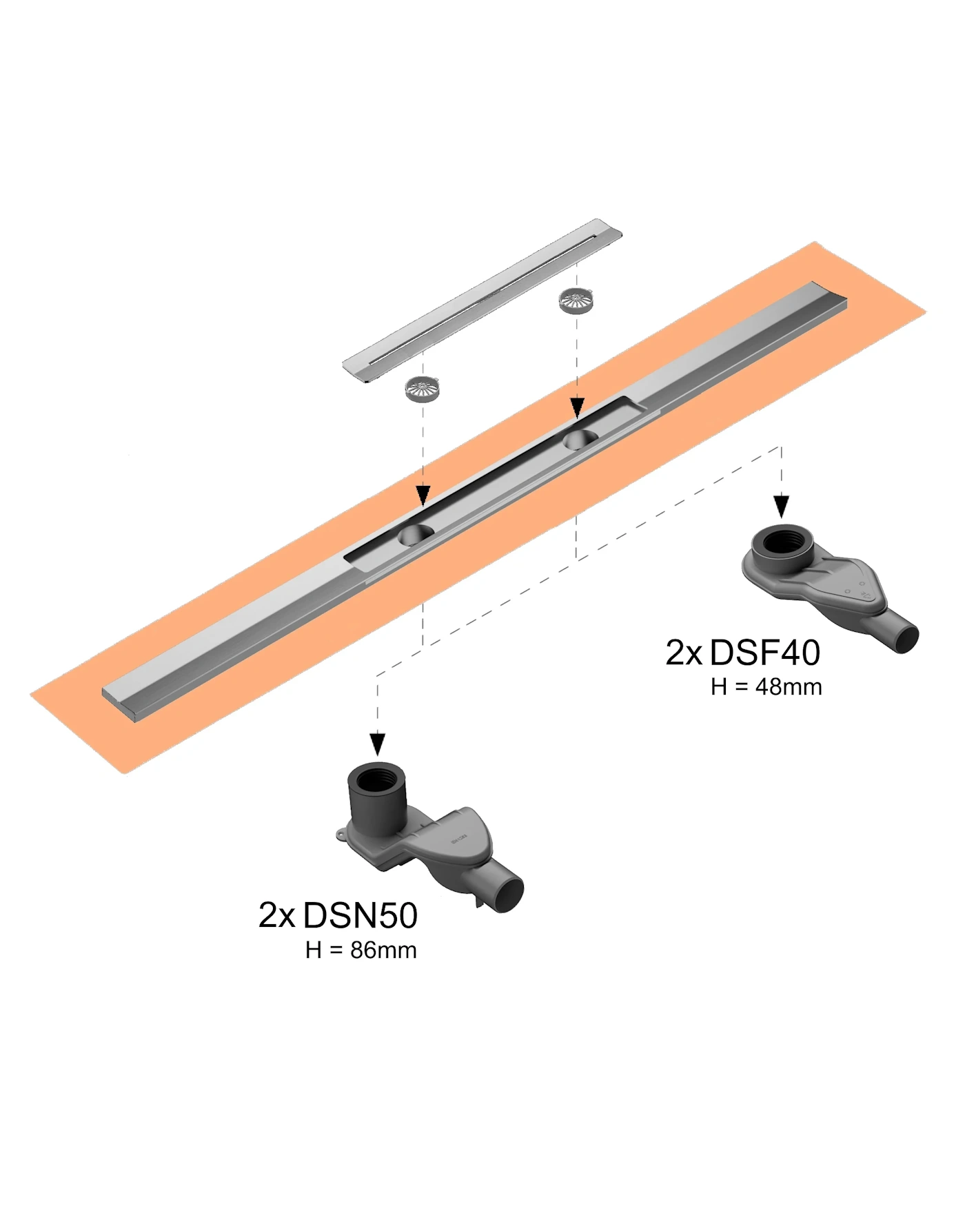 Duschprofil-Duschrinne flach, drehbarer Doppel-Ablauf mittig, Länge 50 cm