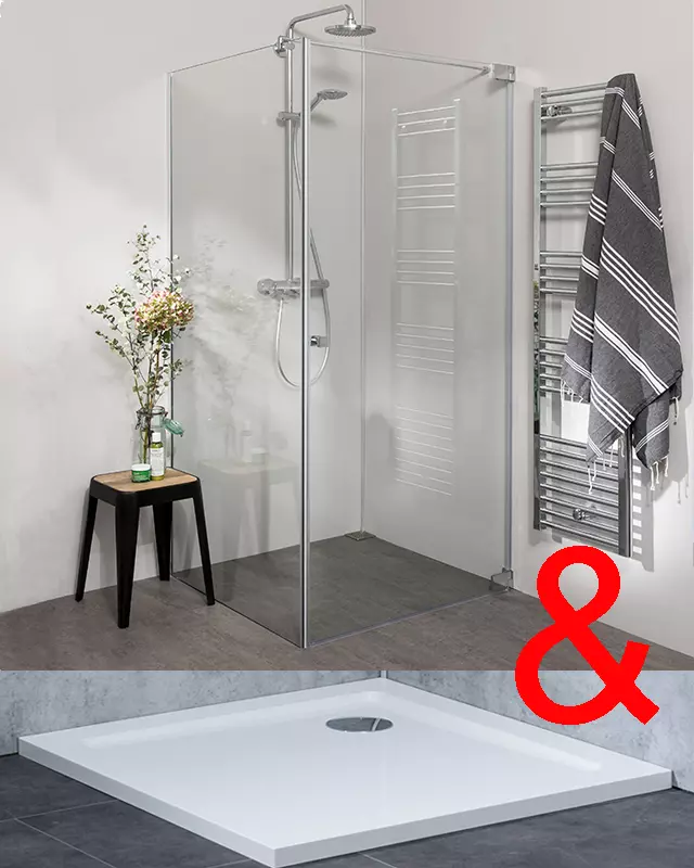 Teilgerahmte Eckdusche 90x90 mit Pendeltür an Wand und Festwand & Duschwanne