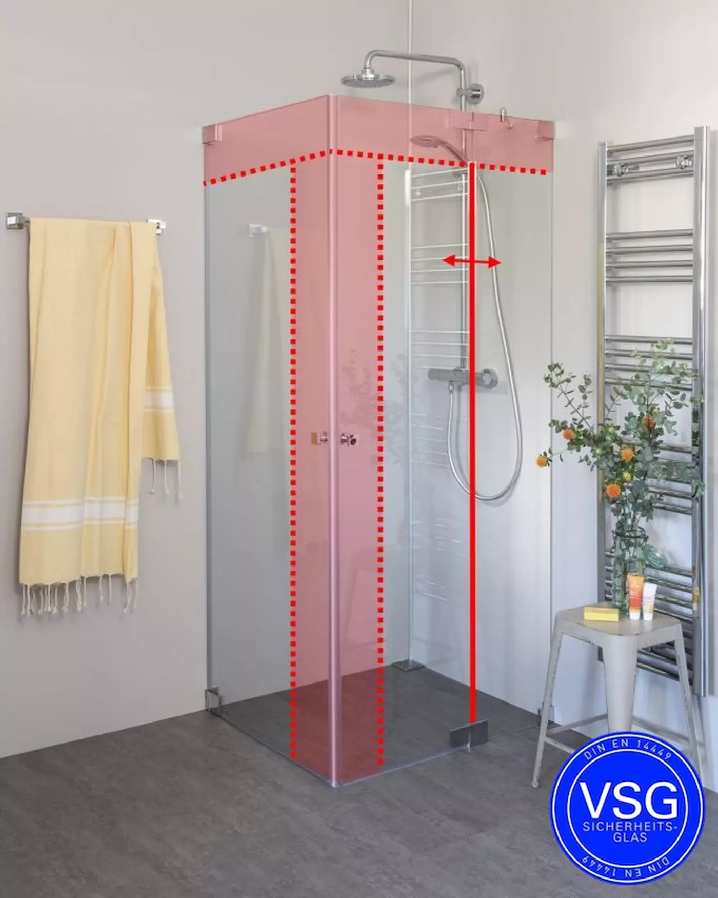 VSG Eck Duschkabine neben Badewanne mit 2 Pendeltüren nach Maß